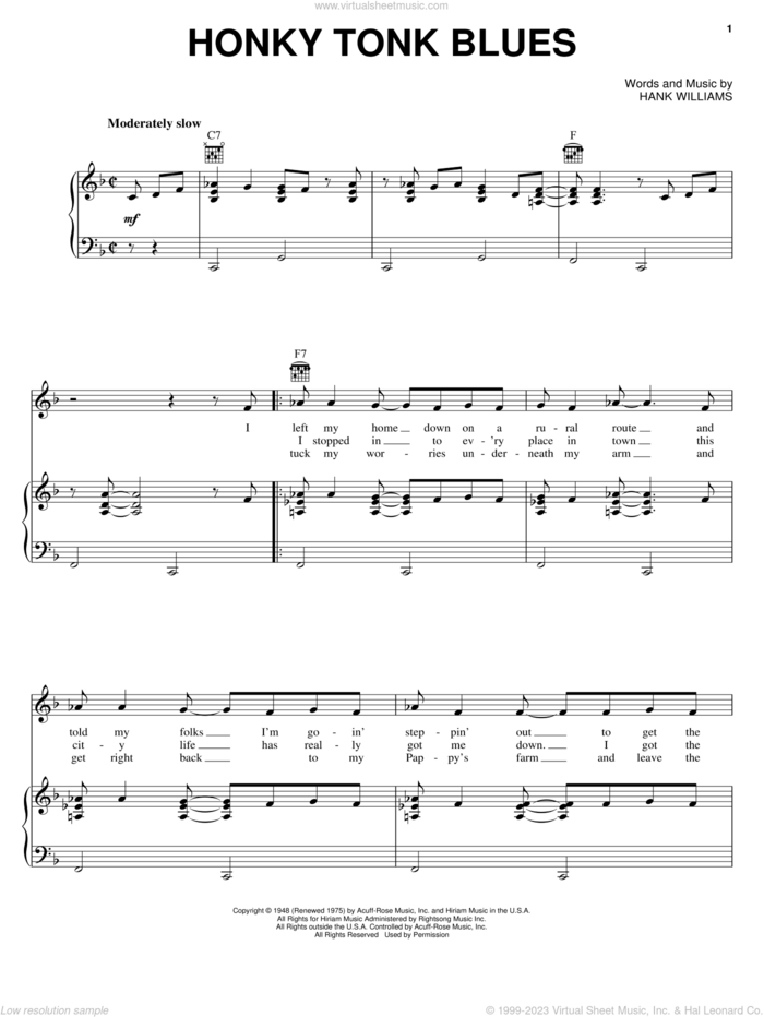 Honky Tonk Blues sheet music for voice, piano or guitar by Hank Williams and Charley Pride, intermediate skill level