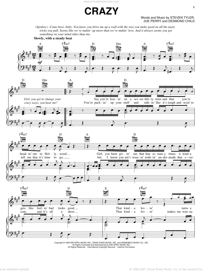 Crazy sheet music for voice, piano or guitar by Aerosmith, Desmond Child, Joe Perry and Steven Tyler, intermediate skill level