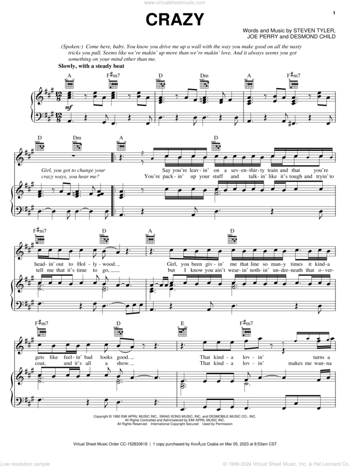 Crazy sheet music for voice, piano or guitar by Aerosmith, Desmond Child, Joe Perry and Steven Tyler, intermediate skill level