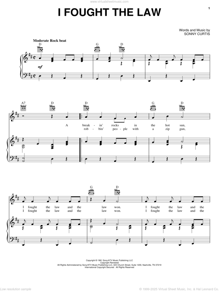 I Fought The Law sheet music for voice, piano or guitar by The Clash, Bobby Fuller Four and Sonny Curtis, intermediate skill level