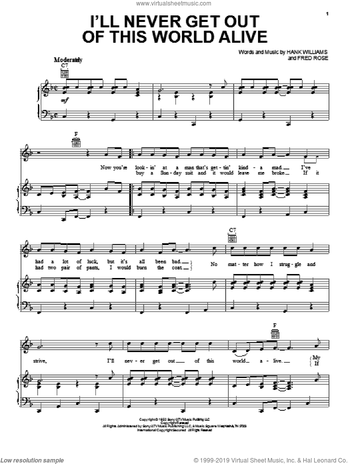 I'll Never Get Out Of This World Alive sheet music for voice, piano or guitar by Hank Williams and Fred Rose, intermediate skill level