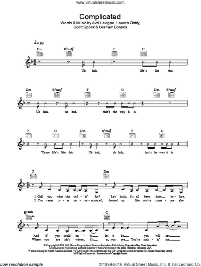 Complicated sheet music for voice and other instruments (fake book) by Avril Lavigne, Graham Edwards, Lauren Christy and Scott Spock, intermediate skill level