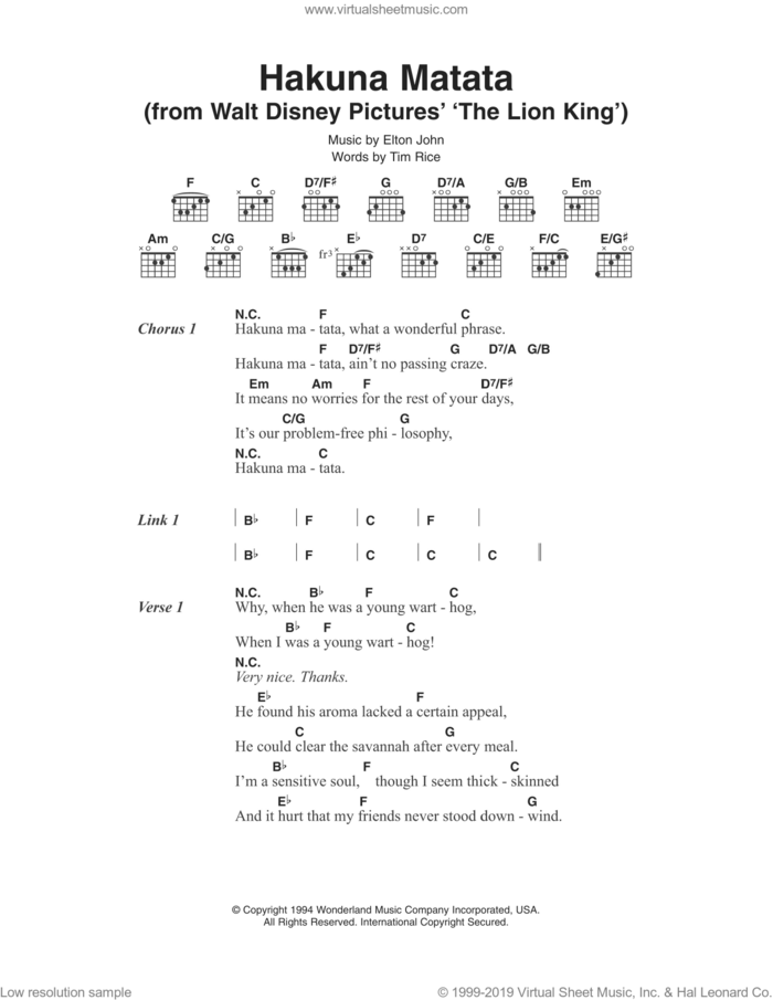 Hakuna Matata (from The Lion King) sheet music for guitar (chords) by Elton John, The Lion King and Tim Rice, intermediate skill level