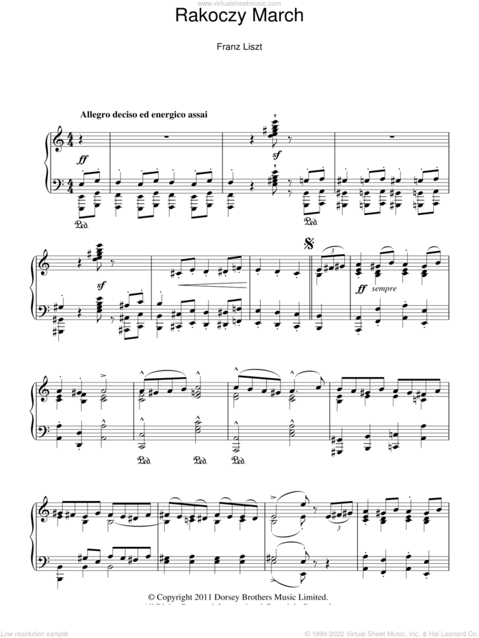 Rakoczy March sheet music for piano solo by Franz Liszt, classical score, intermediate skill level