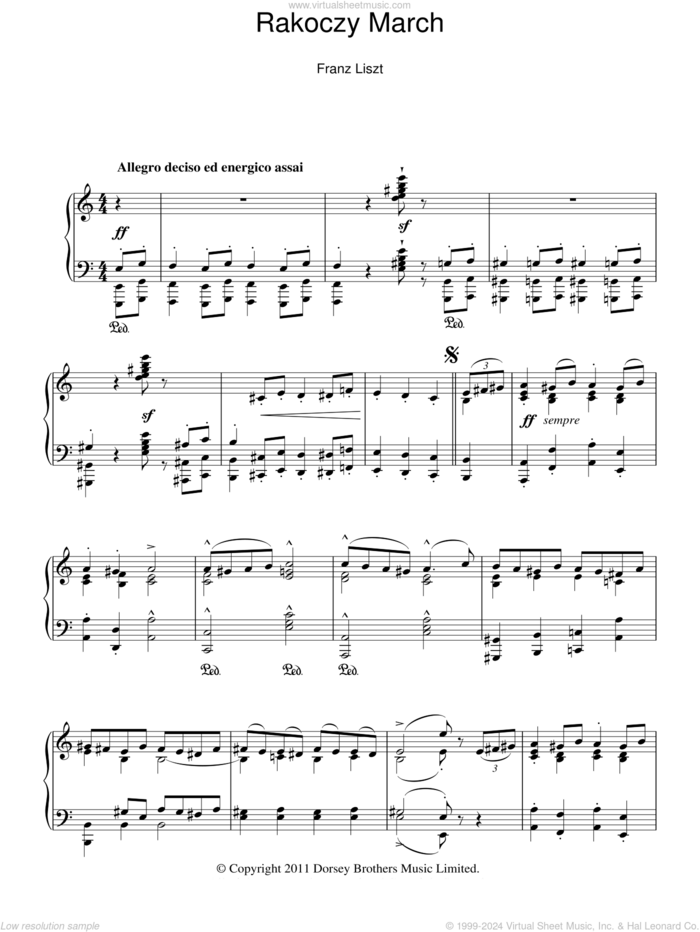 Rakoczy March sheet music for piano solo by Franz Liszt, classical score, intermediate skill level