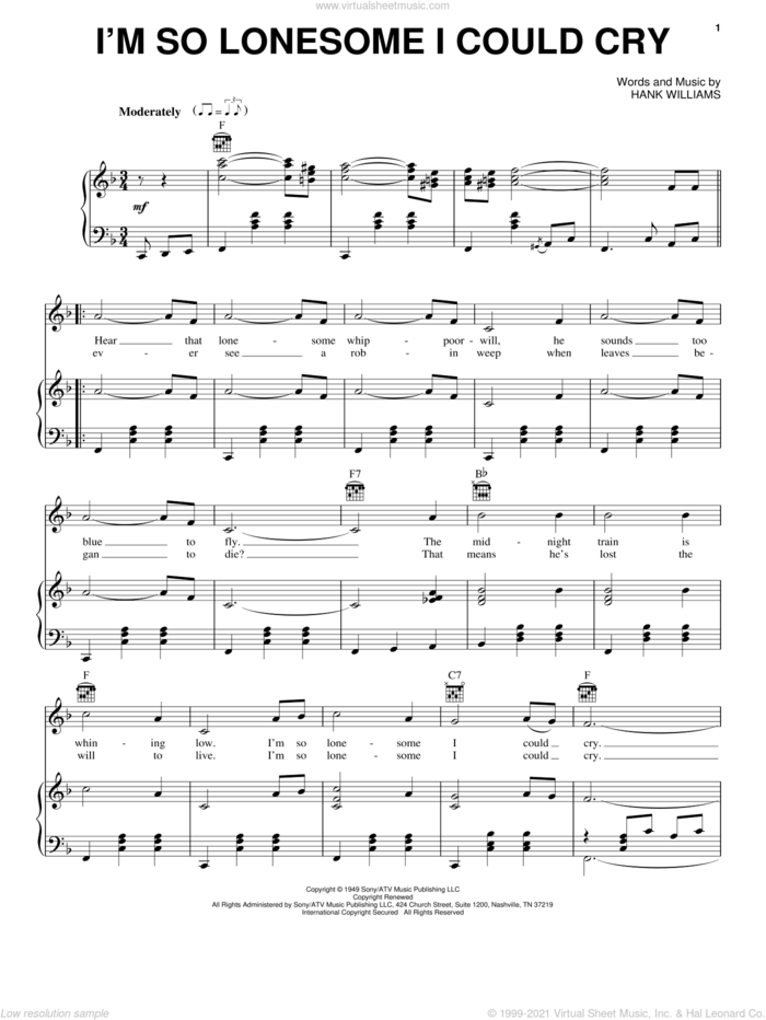 I'm So Lonesome I Could Cry sheet music for voice, piano or guitar by Hank Williams, B.J. Thomas, Billie Jo Spears, Elvis Presley, Glen Campbell, Johnny Cash and Willie Nelson, intermediate skill level