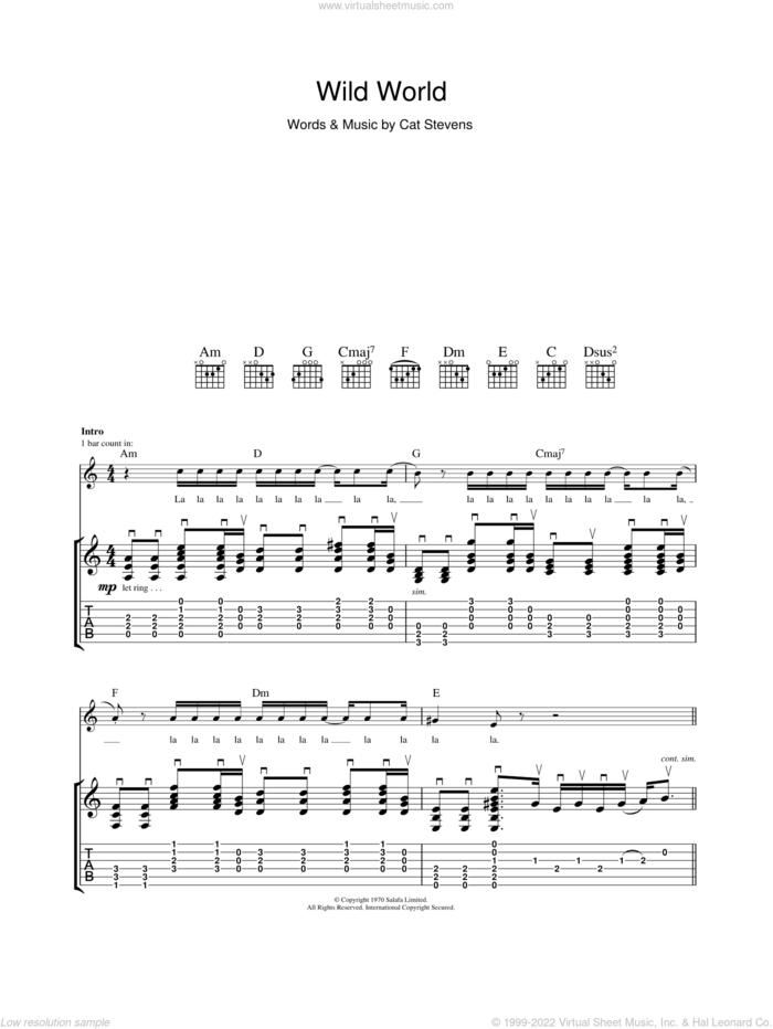 Wild World sheet music for guitar (tablature) by Cat Stevens, intermediate skill level
