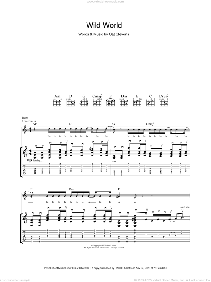 Wild World sheet music for guitar (tablature) by Cat Stevens, intermediate skill level