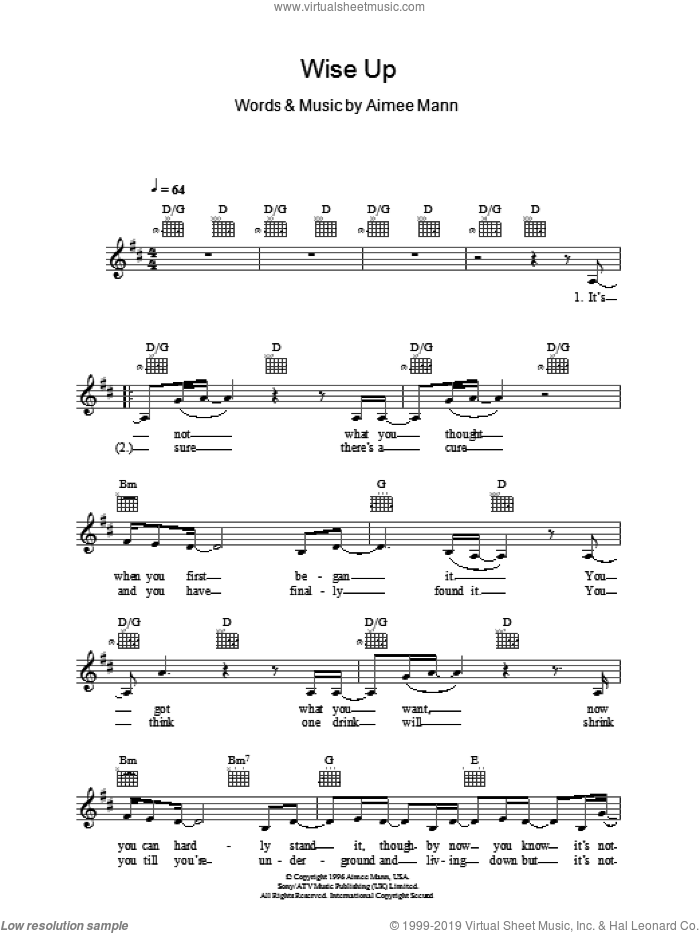 Wise Up sheet music for voice and other instruments (fake book) by Aimee Mann, intermediate skill level