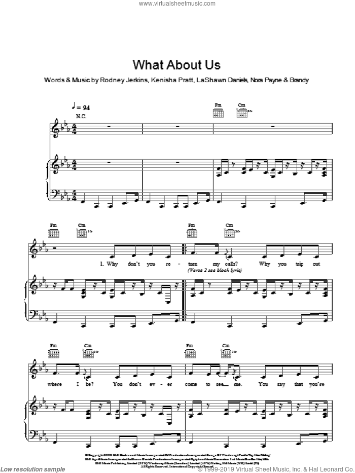 What About Us? sheet music for voice and piano by Brandy, Kenisha Pratt, LaShawn Daniels, Nora Payne and Rodney Jerkins, intermediate skill level