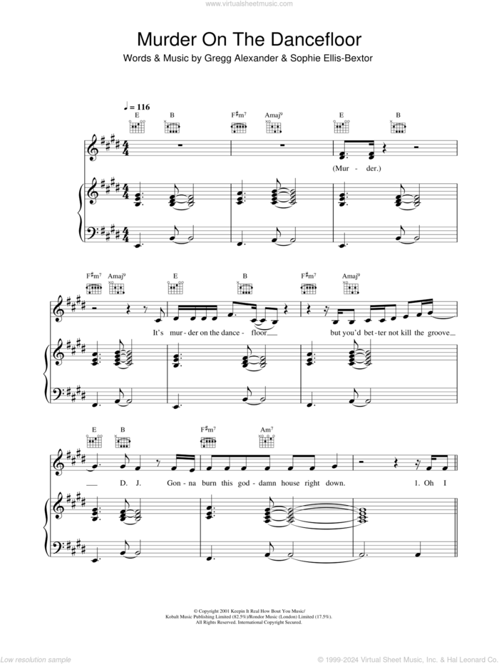 Murder On The Dancefloor sheet music for voice and piano by Sophie Ellis Bextor, Sophie Ellis-Bextor and Gregg Alexander, intermediate skill level