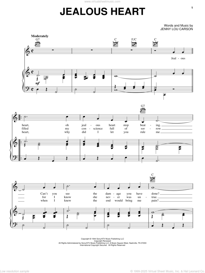 Jealous Heart sheet music for voice, piano or guitar by Tex Ritter and Jenny Lou Carson, intermediate skill level