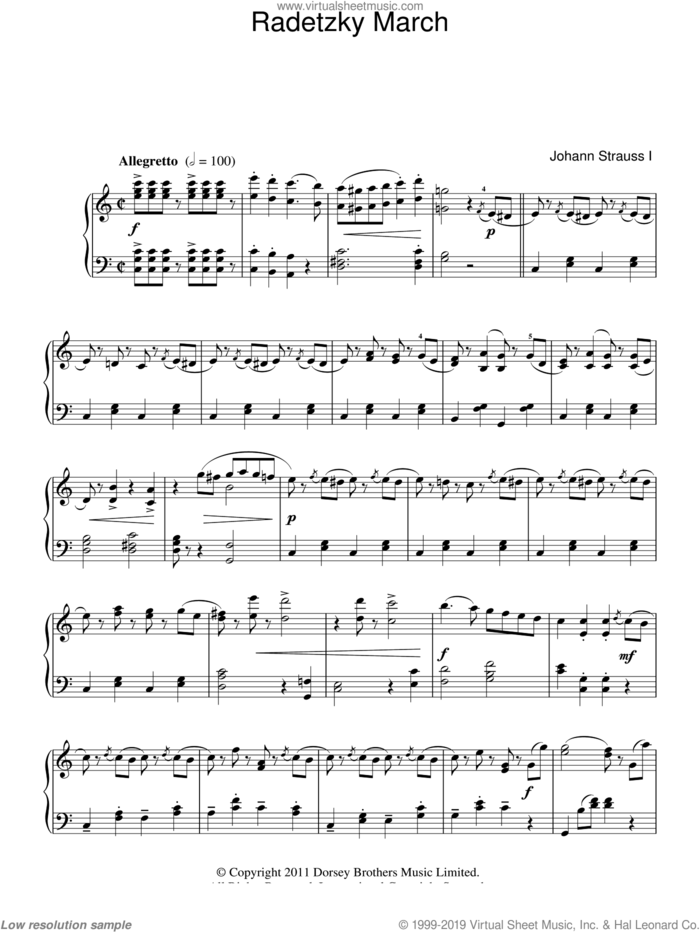 Radetzky March Op. 228 sheet music for piano solo by Johann Strauss, classical score, intermediate skill level