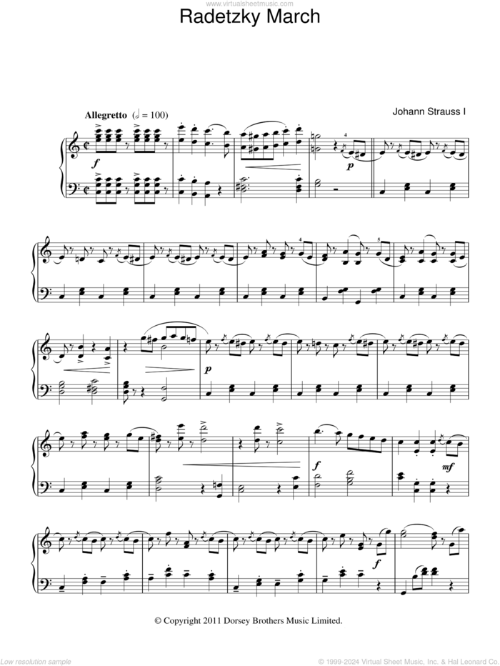 Radetzky March Op. 228 sheet music for piano solo by Johann Strauss, classical score, intermediate skill level