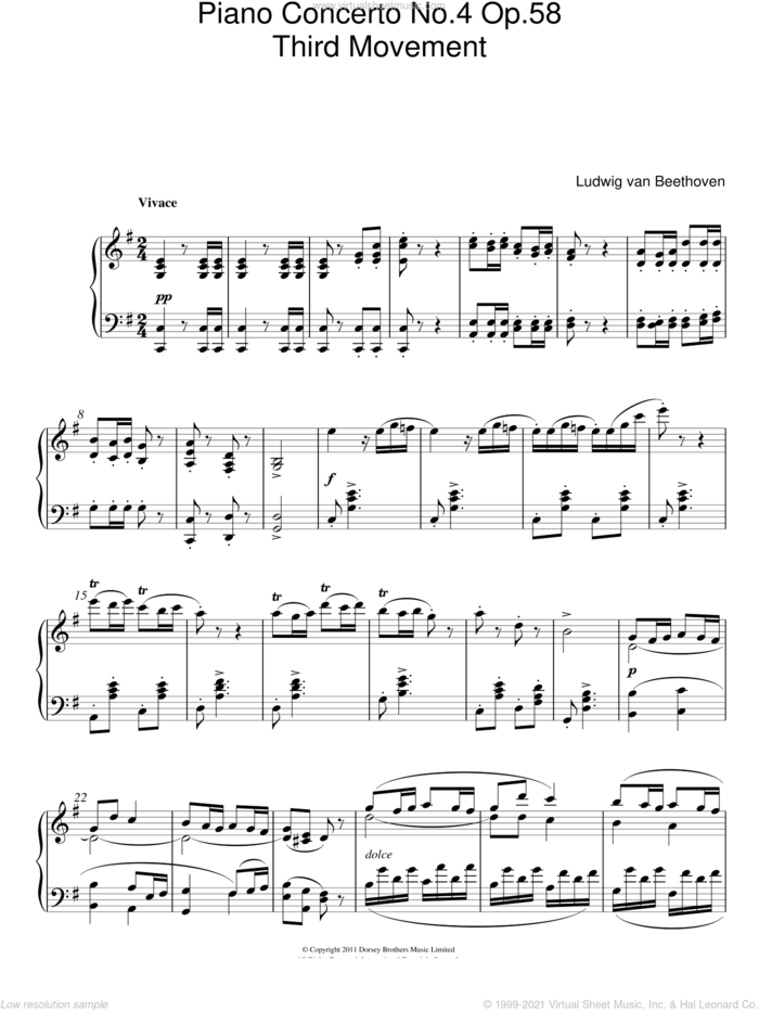 Piano Concerto No. 4 Op. 58 (Third Movement) sheet music for piano solo by Ludwig van Beethoven, classical score, intermediate skill level