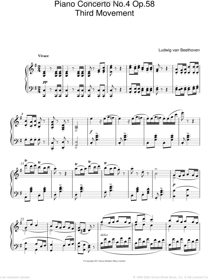 Piano Concerto No. 4 Op. 58 (Third Movement) sheet music for piano solo by Ludwig van Beethoven, classical score, intermediate skill level