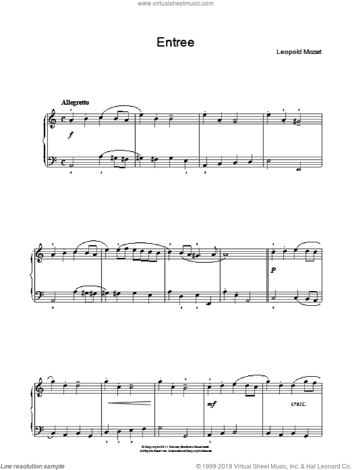 Entree sheet music for piano solo by Leopold Mozart, classical score, intermediate skill level