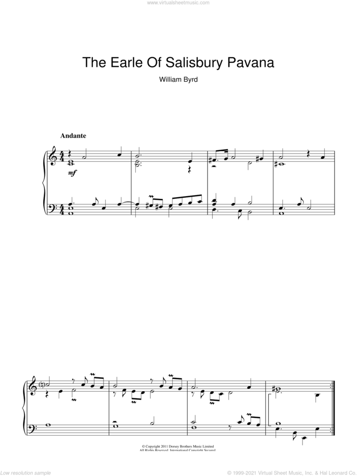 The Earle Of Salisbury Pavana sheet music for piano solo by William Byrd, classical score, intermediate skill level