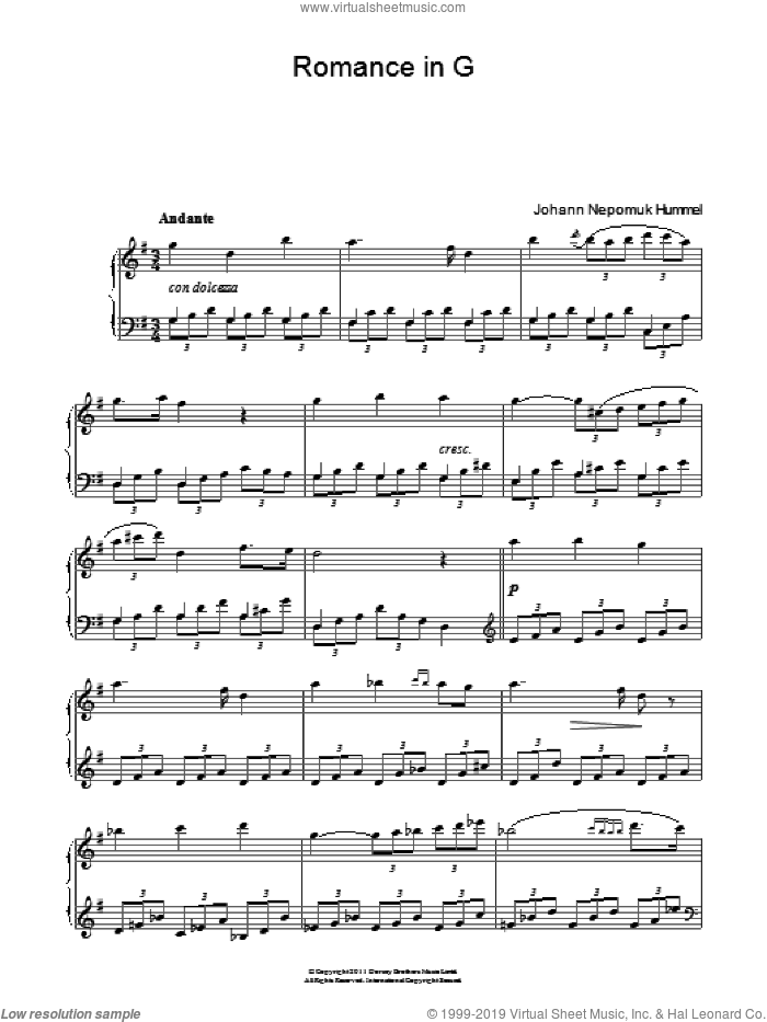 Romance In G Op.52 No.4 sheet music for piano solo by Johann Nepomuk Hummel, classical score, intermediate skill level