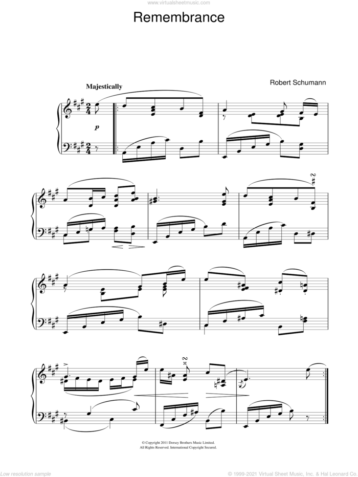 Remembrance sheet music for piano solo by Robert Schumann, classical score, intermediate skill level
