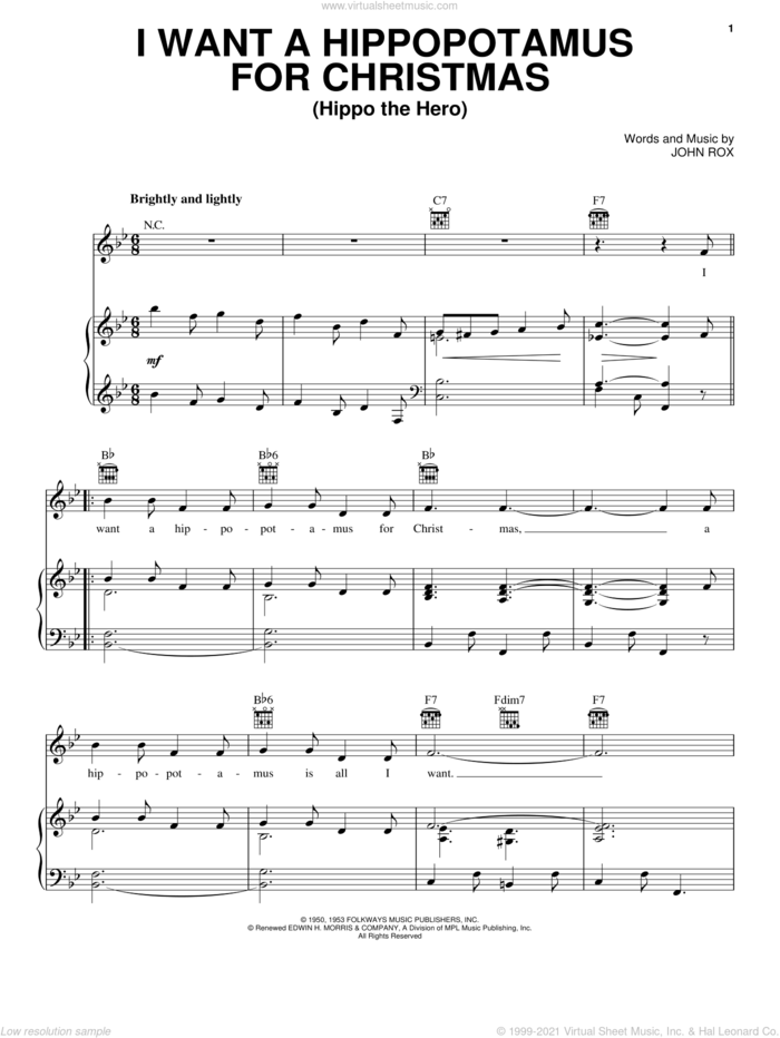 I Want A Hippopotamus For Christmas (Hippo The Hero) sheet music for voice, piano or guitar by John Rox, intermediate skill level