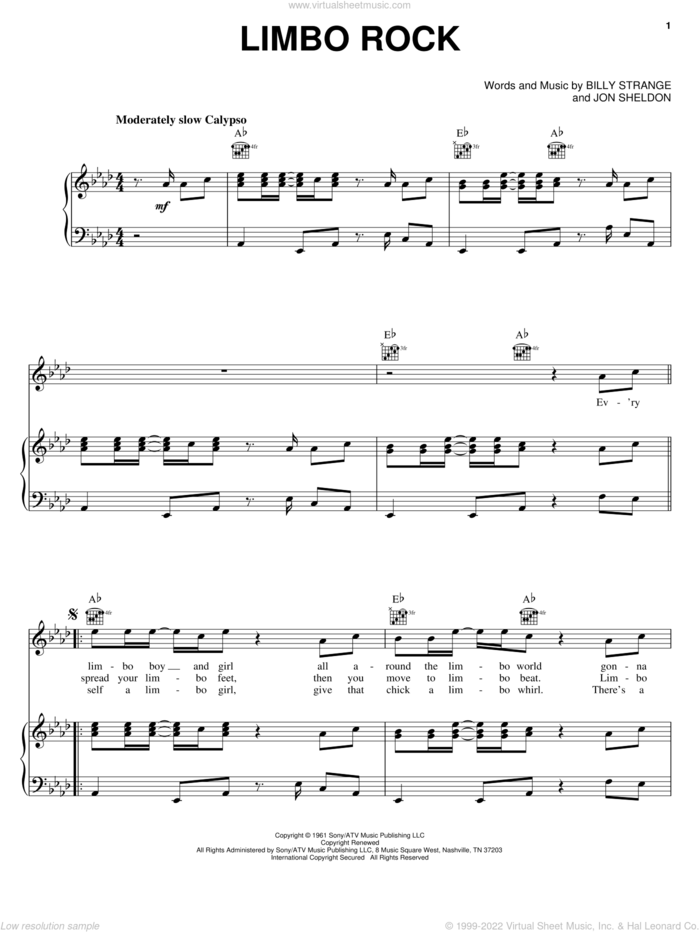Limbo Rock sheet music for voice, piano or guitar by Chubby Checker, Billy Strange and Jon Sheldon, intermediate skill level