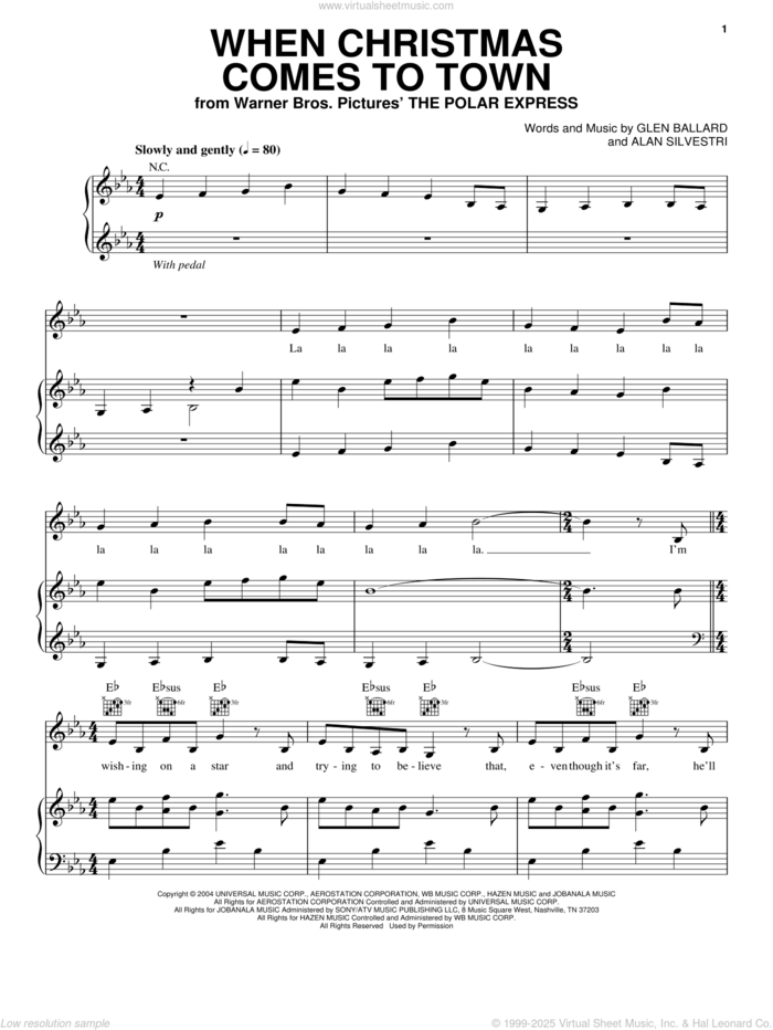 When Christmas Comes To Town sheet music for voice, piano or guitar by Glen Ballard and Alan Silvestri, intermediate skill level