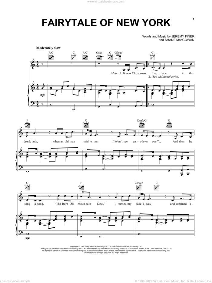 Fairytale Of New York sheet music for voice, piano or guitar by The Pogues, Kirsty MacColl, The Pogues & Kirsty MacColl, Jem Finer and Shane MacGowan, intermediate skill level