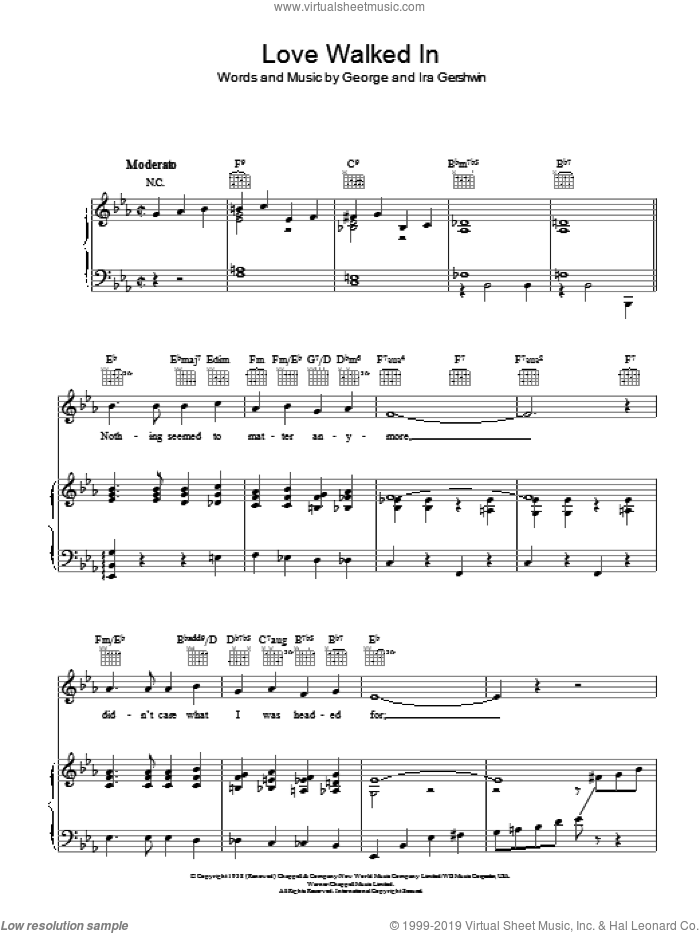 Love Walked In sheet music for voice, piano or guitar by Frank Sinatra, George Gershwin and Ira Gershwin, intermediate skill level