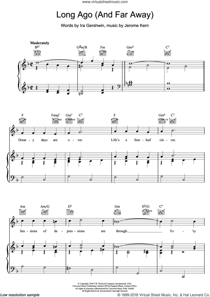 Long Ago And Far Away sheet music for voice, piano or guitar by Ira Gershwin and Jerome Kern, intermediate skill level