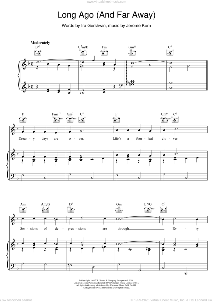 Long Ago And Far Away sheet music for voice, piano or guitar by Ira Gershwin and Jerome Kern, intermediate skill level