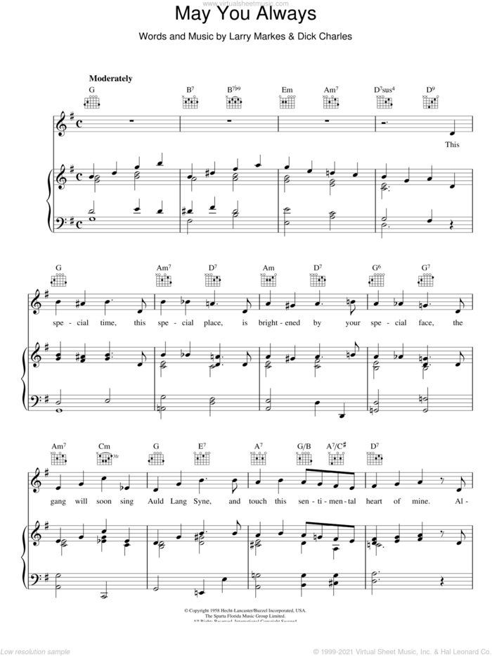 May You Always sheet music for voice, piano or guitar by McGuire Sisters, Dick Charles and Larry Markes, intermediate skill level