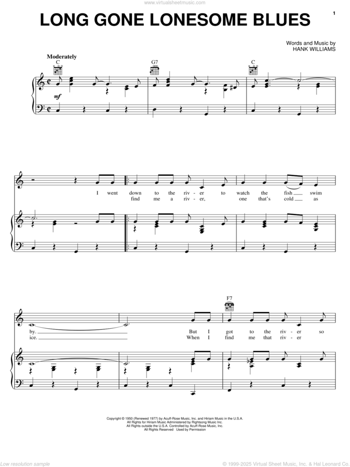 Long Gone Lonesome Blues sheet music for voice, piano or guitar by Hank Williams, intermediate skill level