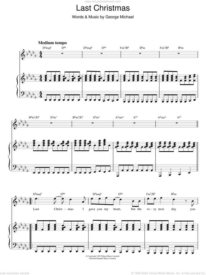 Last Christmas sheet music for voice and piano by Wham! and George Michael, intermediate skill level