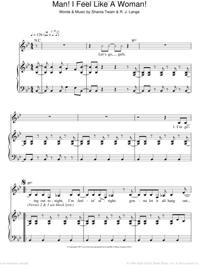 Man! I Feel Like A Woman! sheet music for voice and piano by Shania Twain and Robert John Lange, intermediate skill level