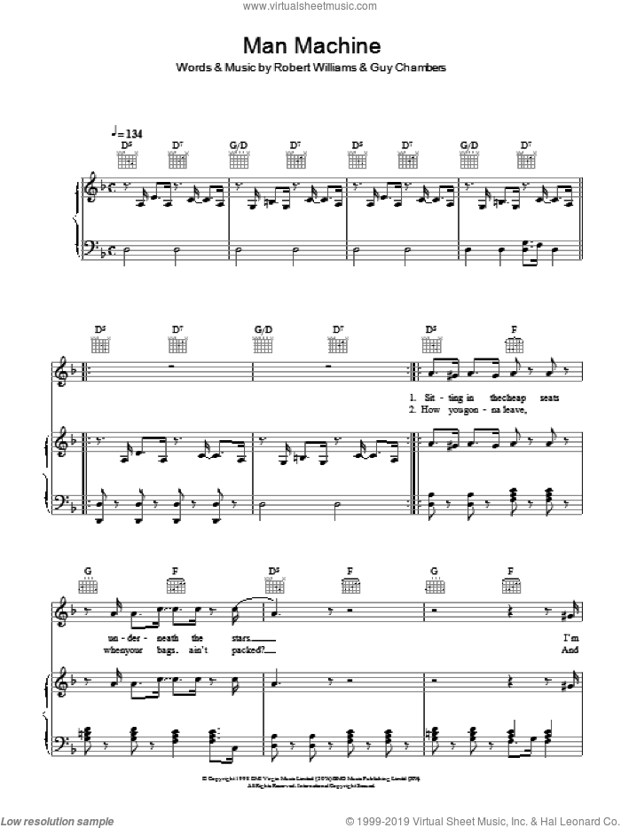 Man Machine sheet music for voice, piano or guitar by Robbie Williams and Guy Chambers, intermediate skill level