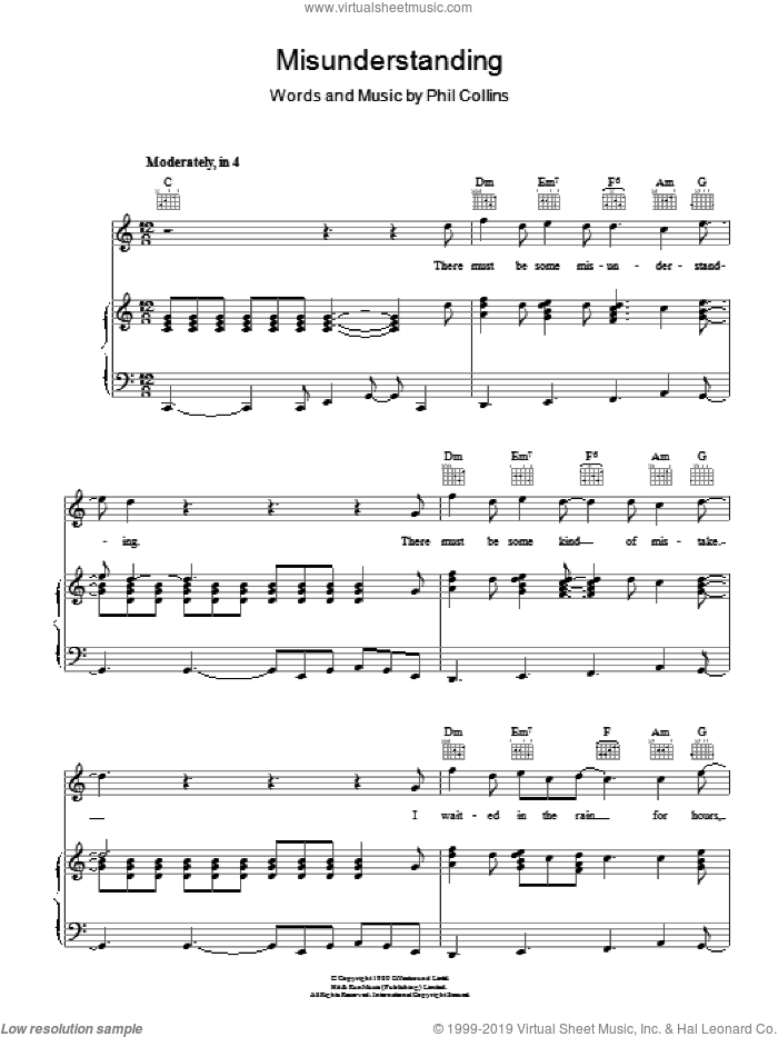 Misunderstanding sheet music for voice, piano or guitar by Genesis and Phil Collins, intermediate skill level