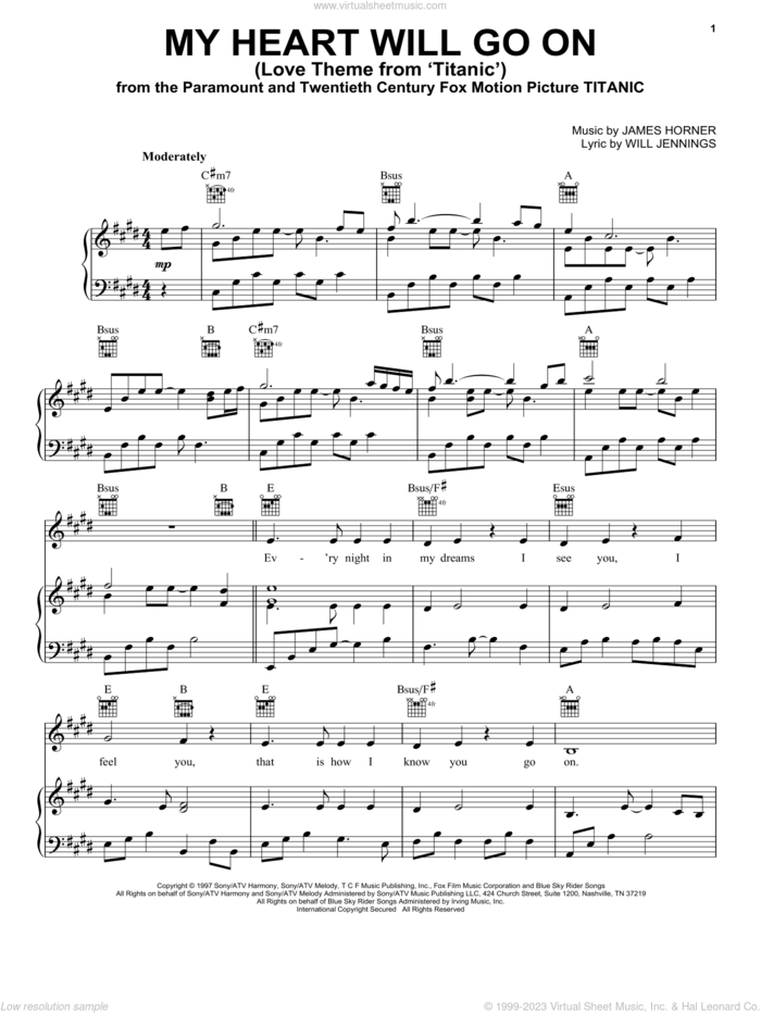 My Heart Will Go On (Love Theme from Titanic) sheet music for voice, piano or guitar by Celine Dion, Deja Vu, Kenny G, James Horner and Will Jennings, wedding score, intermediate skill level
