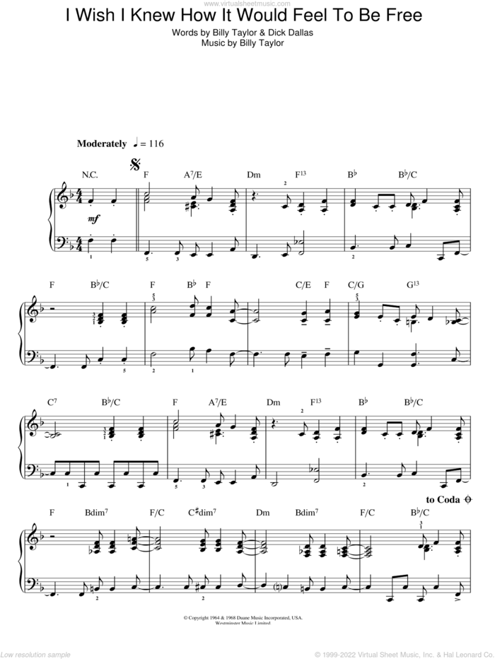 I Wish I Knew How It Would Feel To Be Free, (easy) sheet music for piano solo by Billy Taylor, Nina Simone and Dick Dallas, easy skill level