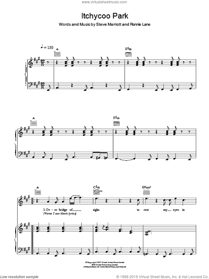Itchycoo Park sheet music for voice, piano or guitar by The Small Faces, Ronnie Lane and Steve Marriott, intermediate skill level