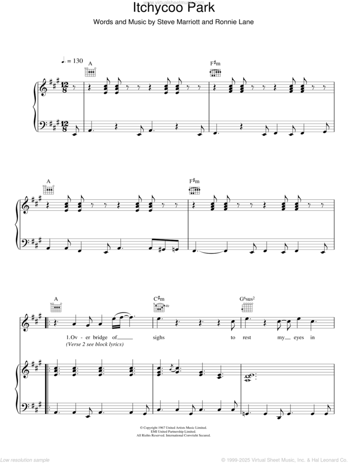 Itchycoo Park sheet music for voice, piano or guitar by The Small Faces, Ronnie Lane and Steve Marriott, intermediate skill level