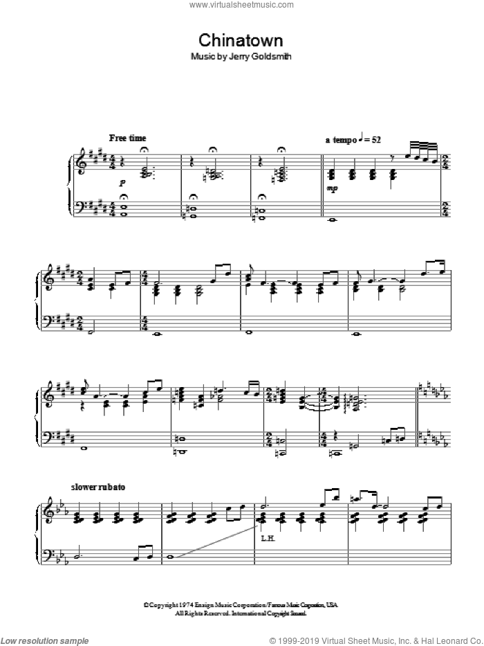 Chinatown sheet music for piano solo by Jerry Goldsmith, intermediate skill level