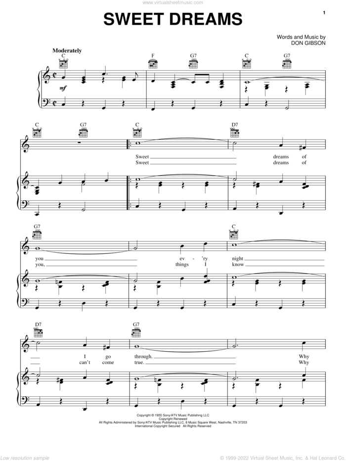 Sweet Dreams sheet music for voice, piano or guitar by Patsy Cline, Emmylou Harris and Don Gibson, intermediate skill level