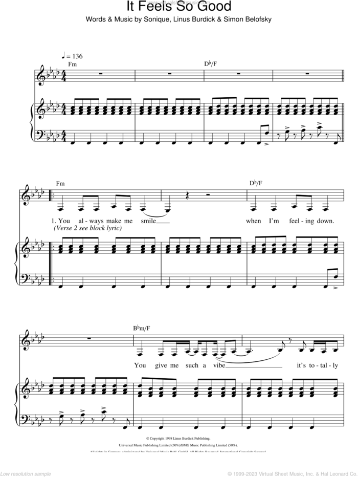 It Feels So Good sheet music for voice and piano by Sonique, Linus Burdick and Simon Belofsky, intermediate skill level