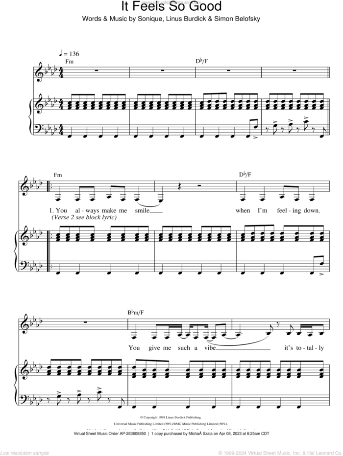 It Feels So Good sheet music for voice and piano by Sonique, Linus Burdick and Simon Belofsky, intermediate skill level