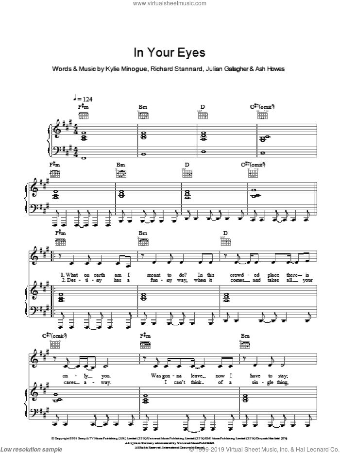 In Your Eyes sheet music for voice, piano or guitar by Kylie Minogue, Ash Howes, Julian Gallagher and Richard Stannard, intermediate skill level