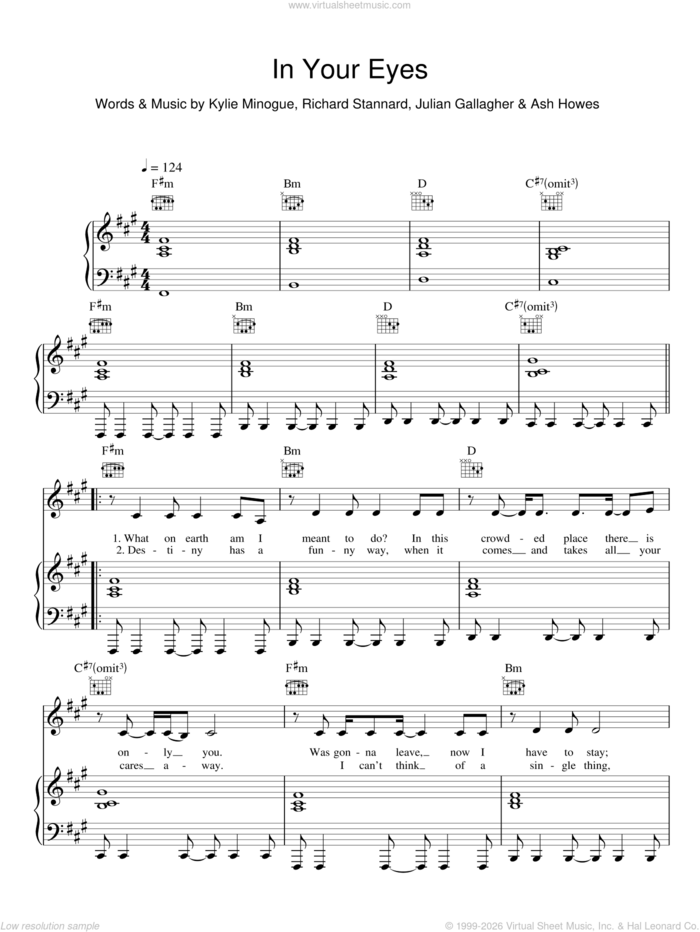 In Your Eyes sheet music for voice, piano or guitar by Kylie Minogue, Ash Howes, Julian Gallagher and Richard Stannard, intermediate skill level