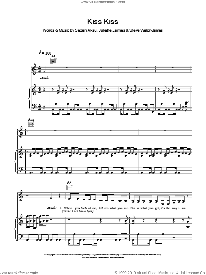 Kiss Kiss sheet music for voice and piano by Holly Valance, Juliette Jaimes, Sezen Aksu and Steve Welton-Jaimes, intermediate skill level