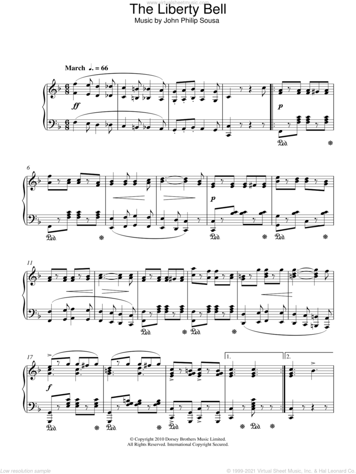 The Liberty Bell sheet music for piano solo by John Philip Sousa, intermediate skill level