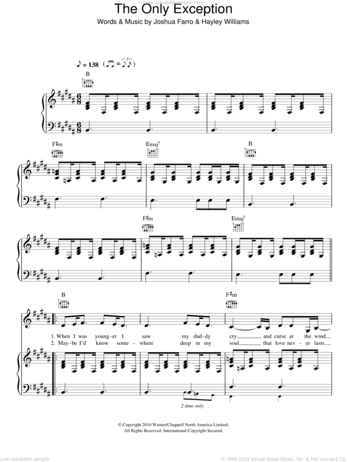 The Only Exception sheet music for voice, piano or guitar by Glee Cast, Hayley Williams, Miscellaneous and Josh Farro, intermediate skill level